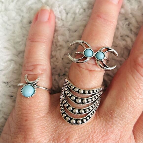3/$15 Set of 3 Silver Turquoise Bohemian Rings - Picture 4 of 6